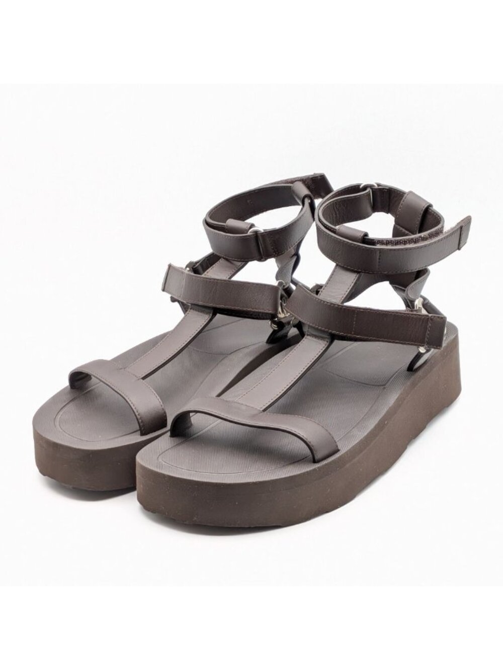 Hermes Enid Sandals Velcro Strap Brown Thick Sole